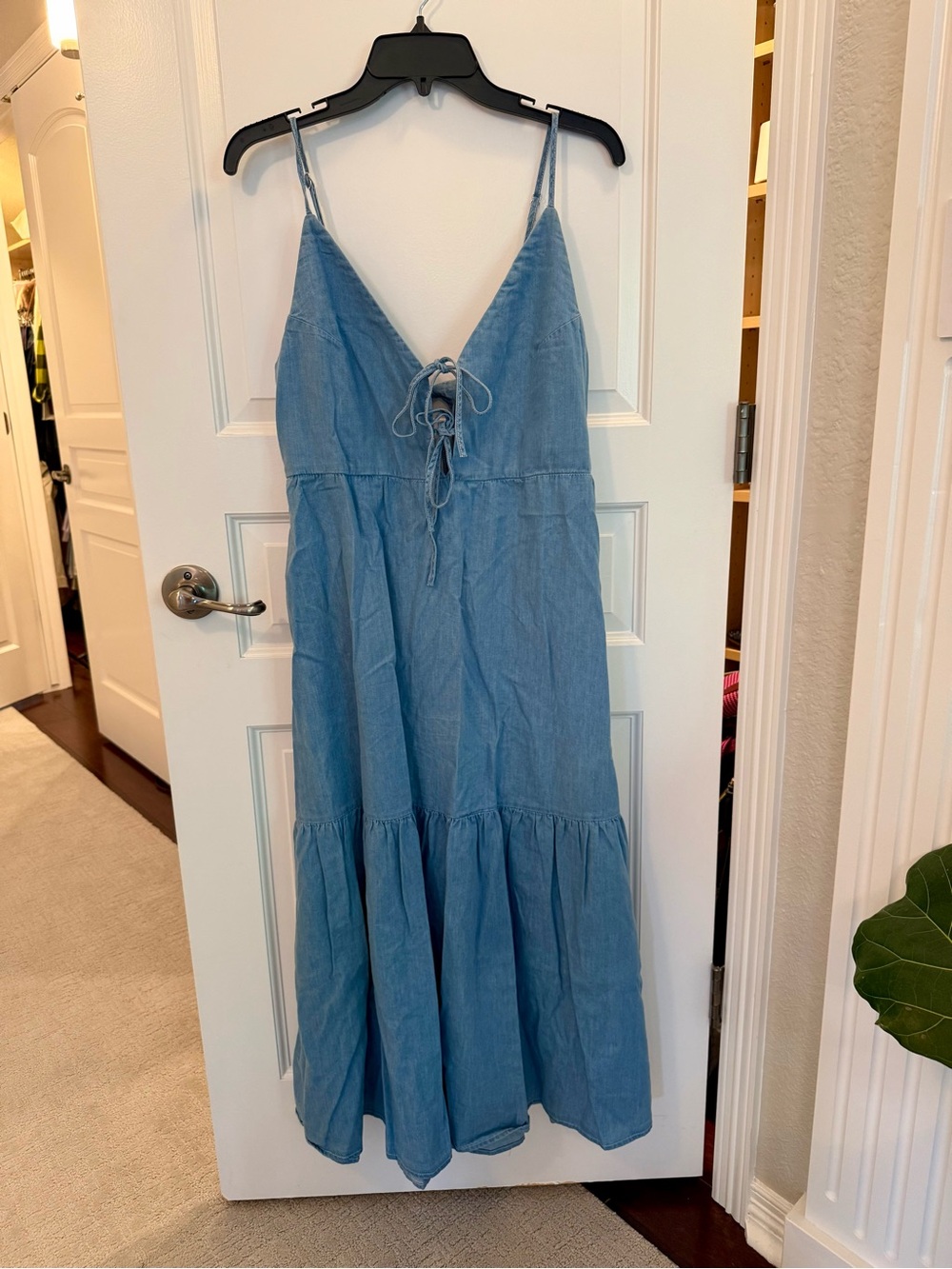Zara Light Blue Denim Maxi Dress with Lace-Up Front